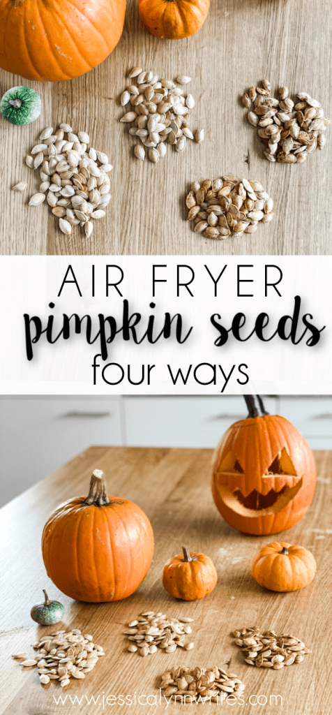Skip the oven and make roasted air fryer pumpkin seeds. Here are all of the steps you need to make four different flavors. 